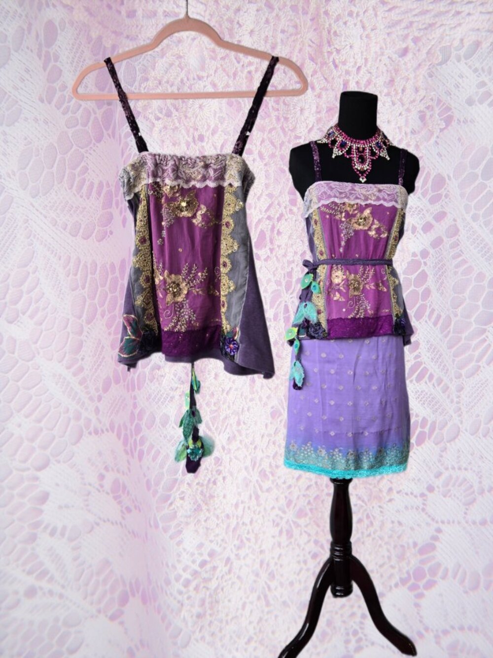 Handmade Lavender and Mauve Bead Embroidered Top Y2k-Style Mermaidcore S-M